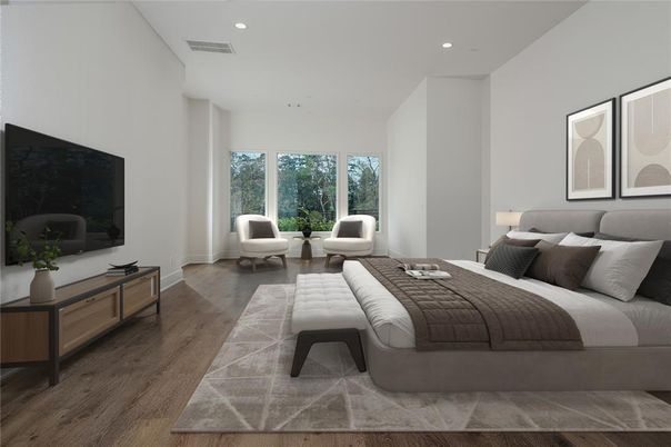 Bedroom, Interior, Recessed Lighting, Wood Texture Flooring