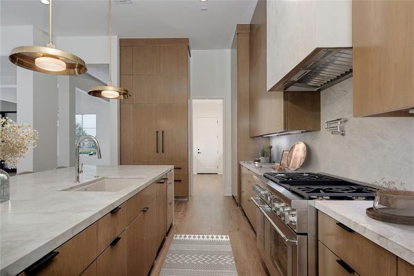 Interior, Kitchen, Pendant Lights, Stainless Steel Appliances, Wood Texture Flooring