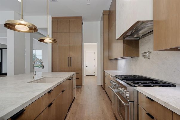Interior, Kitchen, Pendant Lights, Recessed Lighting, Stainless Steel Appliances, Wood Texture Flooring