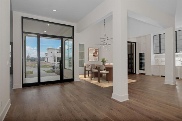 Dining room, Interior, Pendant Lights, Recessed Lighting, Wood Texture Flooring