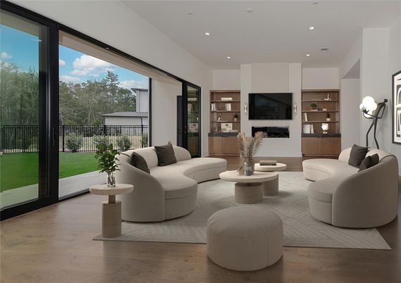 Fireplace, Interior, Living room, Recessed Lighting, Wood Texture Flooring
