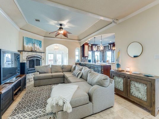 Fireplace, Interior, Kitchen, Living room, Pendant Lights