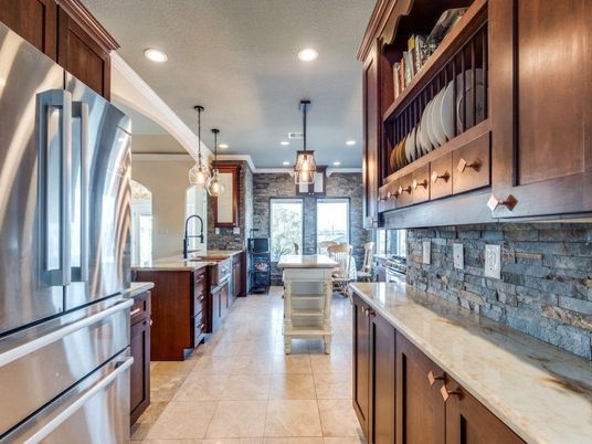 Dining room, Interior, Kitchen, Pendant Lights, Recessed Lighting, Stainless Steel Appliances, Stone Walls