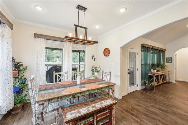 Dining room, Interior, Pendant Lights, Recessed Lighting, Wood Texture Flooring