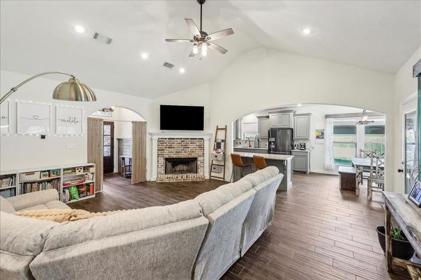 Dining room, Fireplace, Interior, Kitchen, Living room, Recessed Lighting, Wood Texture Flooring