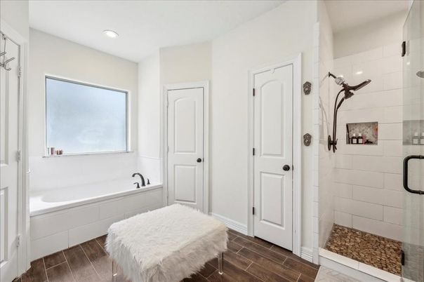 Bathroom, Glass Shower, Interior, Recessed Lighting, Wood Texture Flooring