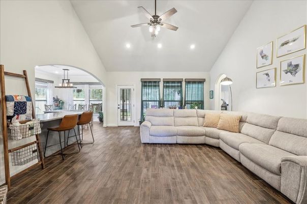 Interior, Kitchen, Living room, Pendant Lights, Recessed Lighting, Wood Texture Flooring