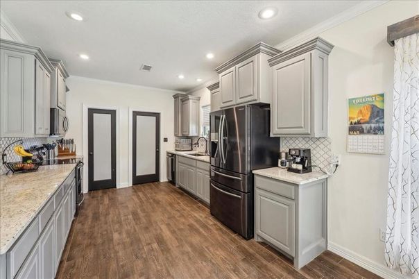 Interior, Kitchen, Recessed Lighting, Wood Texture Flooring