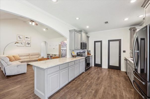 Interior, Kitchen, Living room, Recessed Lighting, Wood Texture Flooring