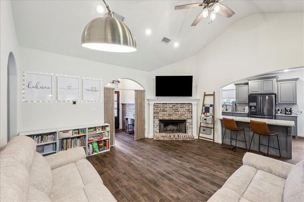 Fireplace, Interior, Kitchen, Living room, Recessed Lighting, Stainless Steel Appliances, Wood Texture Flooring