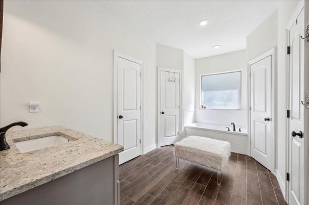 Bathroom, Interior, Recessed Lighting, Wood Texture Flooring