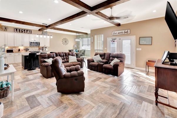 Dining room, Interior, Kitchen, Living room, Pendant Lights, Recessed Lighting, Wooden Beams, Wood Texture Flooring