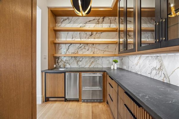Interior, Kitchen, Marble Walls, Stainless Steel Appliances, Wood Texture Flooring