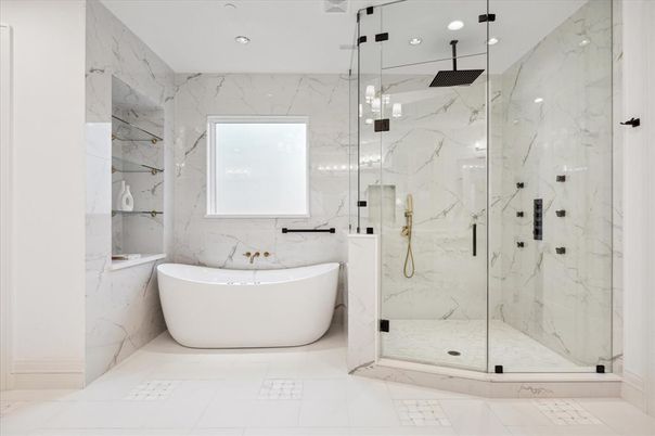 Bathroom, Free Standing Baths, Glass Shower, Interior, Marble, Marble Walls, Recessed Lighting