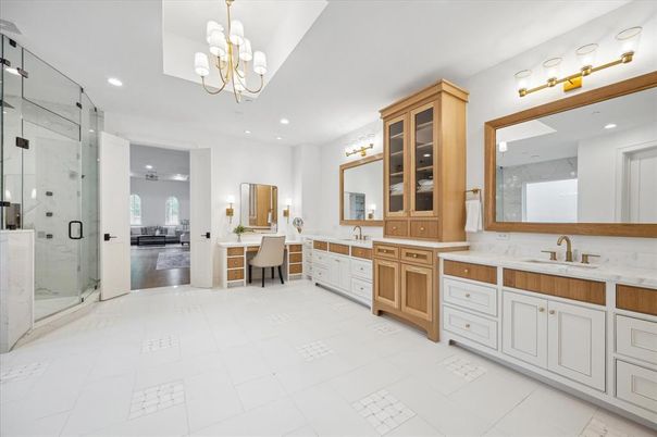 Bathroom, Chandelier, Dual Sink Vanities, Glass Shower, Interior, Marble, Marble Walls, Recessed Lighting