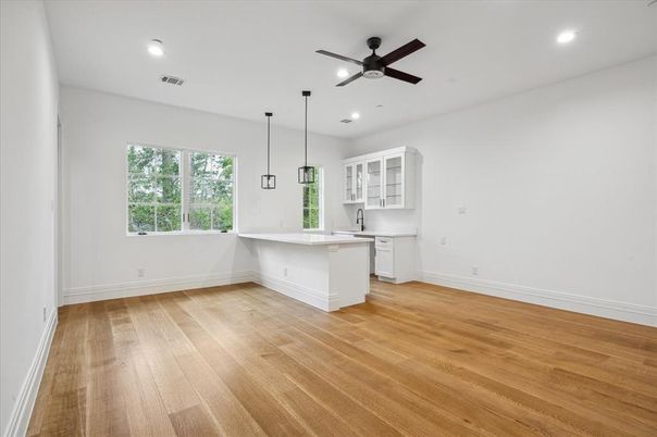 Interior, Kitchen, Pendant Lights, Recessed Lighting, Wood Texture Flooring