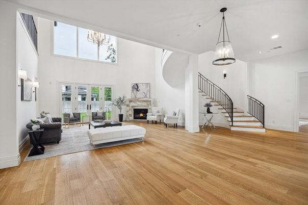 Fireplace, Interior, Living room, Pendant Lights, Recessed Lighting, Wood Texture Flooring