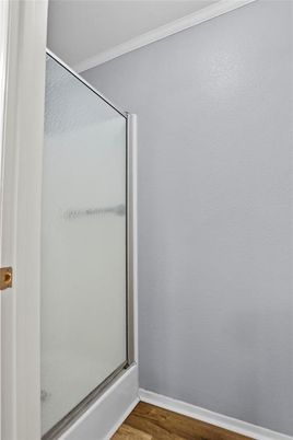 Bathroom, Glass Shower, Interior, Wood Texture Flooring