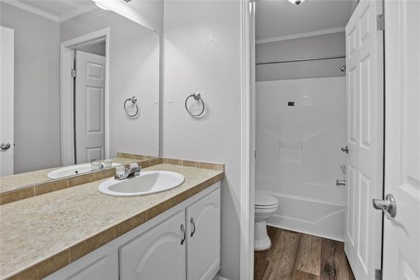 Bathroom, Interior, Tile Countertops, Wood Texture Flooring