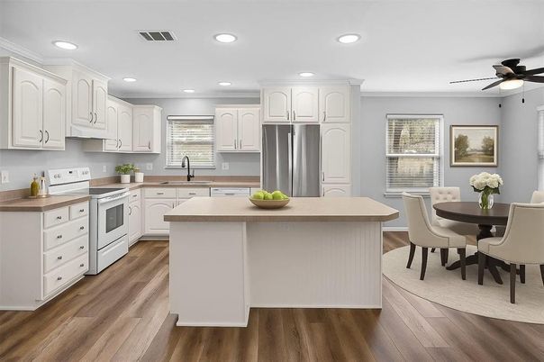 Dining room, Interior, Kitchen, Recessed Lighting, Stainless Steel Appliances, Wood Texture Flooring