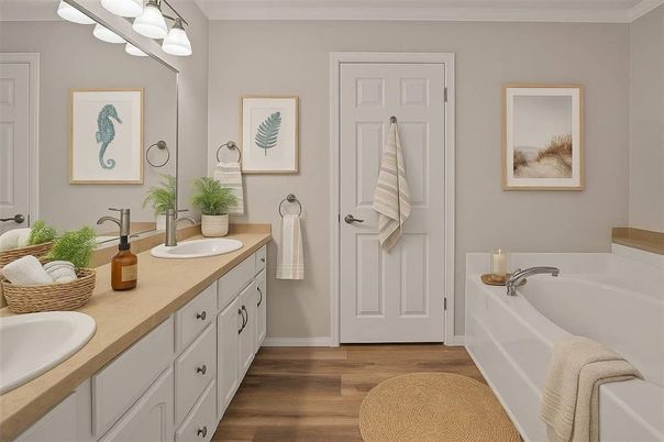 Bathroom, Dual Sink Vanities, Interior, Wood Texture Flooring
