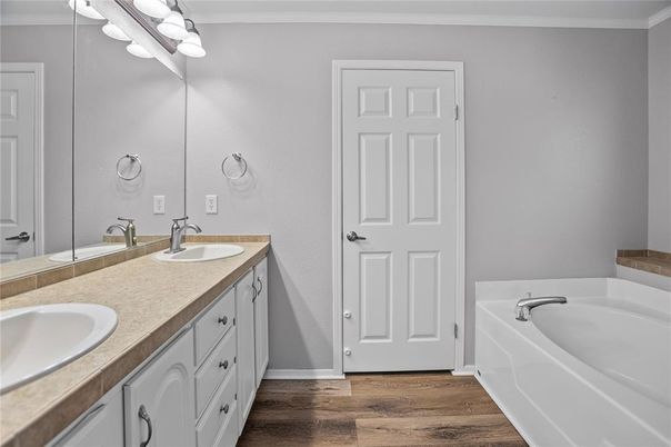 Bathroom, Dual Sink Vanities, Interior, Wood Texture Flooring