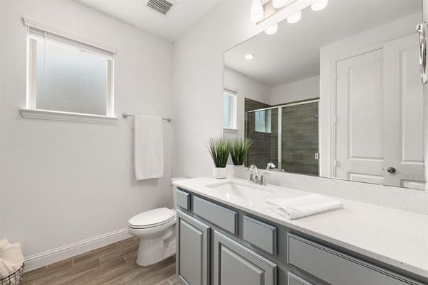 Bathroom, Glass Shower, Interior, Recessed Lighting, Wood Texture Flooring