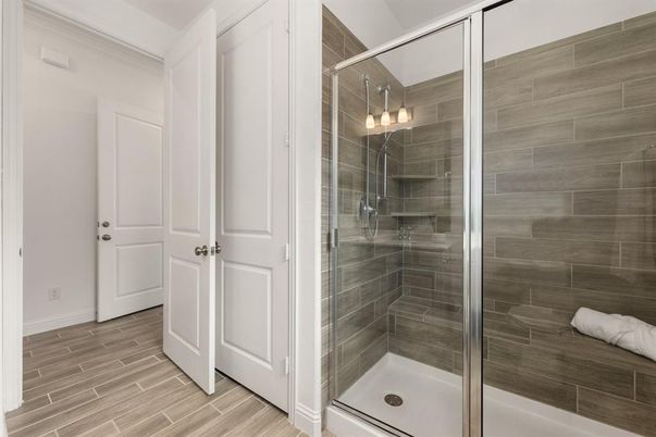 Bathroom, Glass Shower, Interior, Wood Texture Flooring