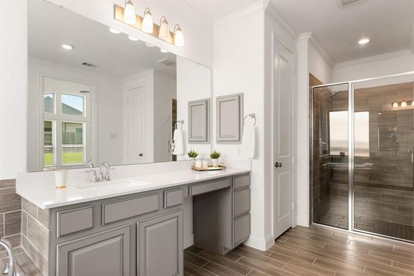 Bathroom, Dual Sink Vanities, Glass Shower, Interior, Recessed Lighting, Wood Texture Flooring