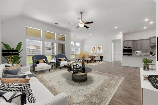 Dining room, Interior, Kitchen, Living room, Recessed Lighting, Stainless Steel Appliances, Wood Texture Flooring