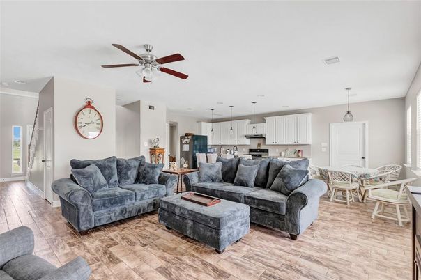 Dining room, Interior, Kitchen, Living room, Pendant Lights, Stainless Steel Appliances, Wood Texture Flooring