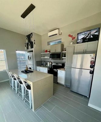 Interior, Kitchen, Pendant Lights, Wood Texture Flooring