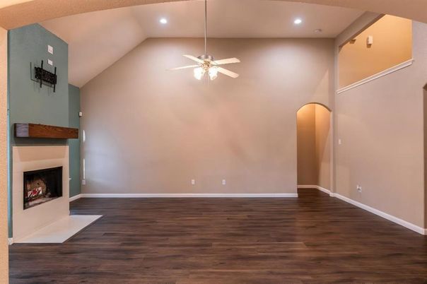 Empty room, Fireplace, Interior, Recessed Lighting, Wood Texture Flooring
