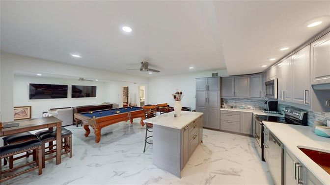 Billiard Table, Game Room, Interior, Kitchen, Marble, Recessed Lighting