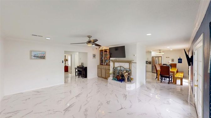 Dining room, Fireplace, Interior, Kitchen, Marble, Recessed Lighting