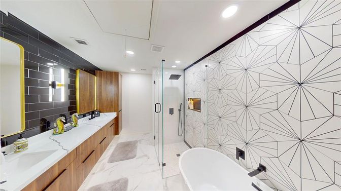 Bathroom, Dual Sink Vanities, Free Standing Baths, Glass Shower, Interior, Marble, Recessed Lighting