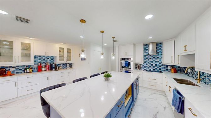 Interior, Kitchen, Marble, Pendant Lights, Recessed Lighting