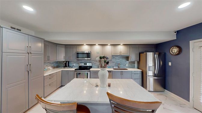Interior, Kitchen, Marble, Recessed Lighting, Stainless Steel Appliances