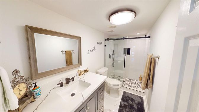Bathroom, Glass Shower, Interior, Marble, Recessed Lighting