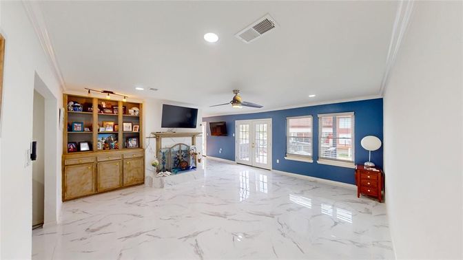 Fireplace, Interior, Marble, Recessed Lighting