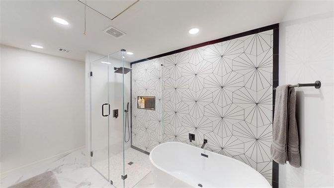 Bathroom, Glass Shower, Interior, Marble, Recessed Lighting