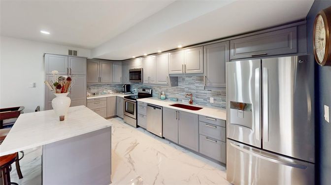Interior, Kitchen, Marble, Recessed Lighting, Stainless Steel Appliances