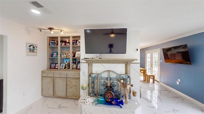 Fireplace, Interior, Marble, Recessed Lighting