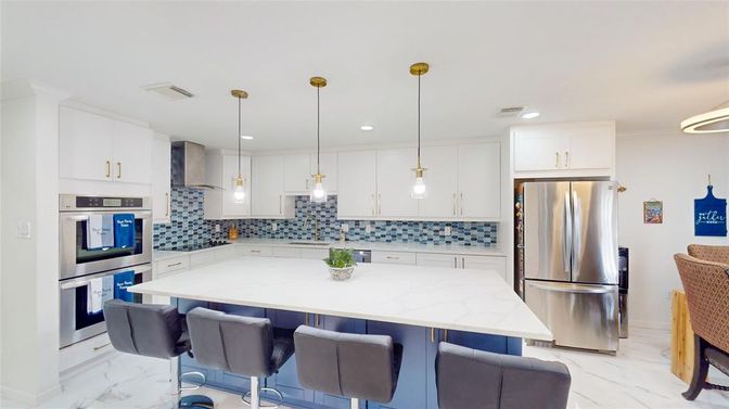 Interior, Kitchen, Marble, Pendant Lights, Recessed Lighting, Stainless Steel Appliances