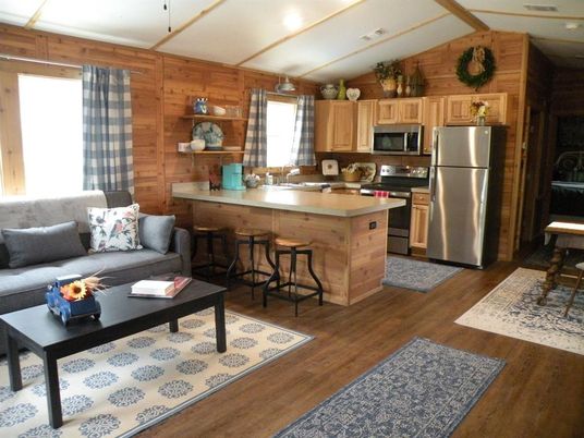 Interior, Kitchen, Living room, Recessed Lighting, Wood Texture Flooring, Wooden Walls