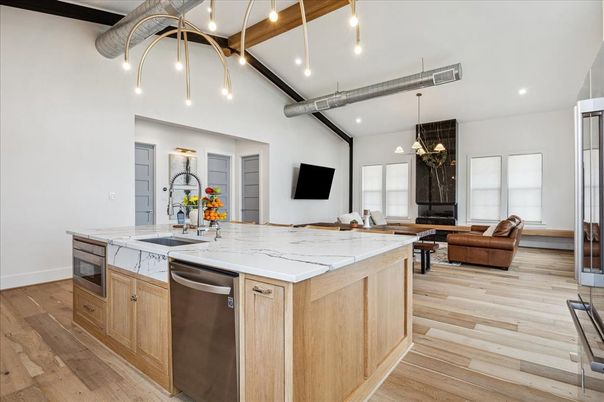 Interior, Kitchen, Living room, Pendant Lights, Recessed Lighting, Stainless Steel Appliances, Wood Texture Flooring