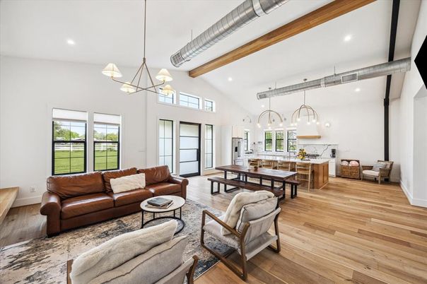 Dining room, Interior, Kitchen, Living room, Pendant Lights, Recessed Lighting, Wooden Beams, Wood Texture Flooring