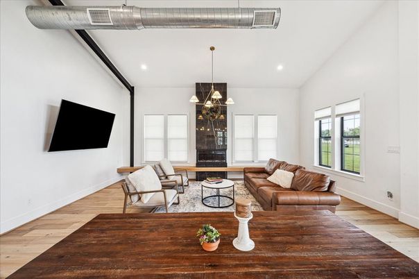 Interior, Living room, Pendant Lights, Recessed Lighting, Wood Texture Flooring