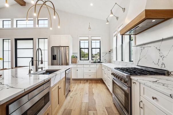 Interior, Kitchen, Marble Walls, Pendant Lights, Recessed Lighting, Stainless Steel Appliances, Wooden Beams, Wood Texture Flooring