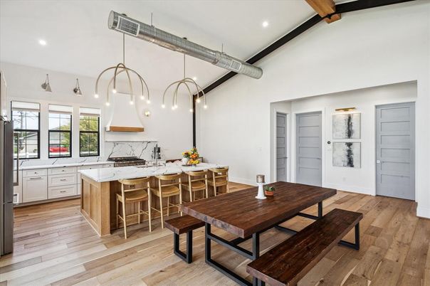 Dining room, Interior, Kitchen, Pendant Lights, Recessed Lighting, Wooden Beams, Wood Texture Flooring